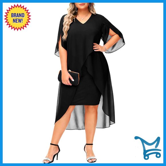 Chiffon Cocktail Dress Elegant Ruffle Sleeve High Low Hem Wedding Guest Party